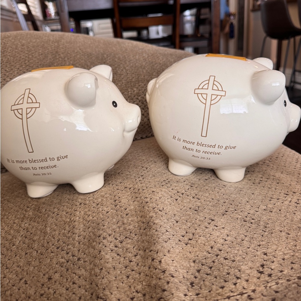 White Communion Piggy Banks with biblical Quote
